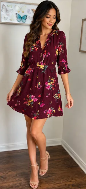 Old Navy Floral Burgundy Boho Dress Size M thumbnail 1