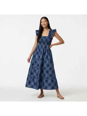 NWT Hill House Ellie Nap in Navy Glitter Check Plaid Smocked Midi Dress L thumbnail 2