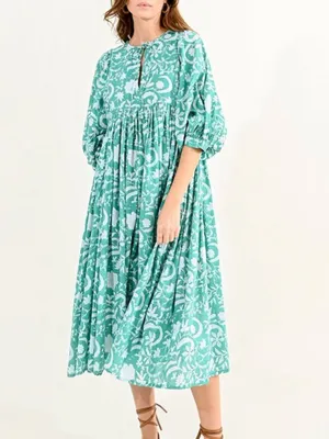Molly Bracken Puffer Sleeve‎ Loose Fit Printed Blue White Floral Cotton Dress M thumbnail 10