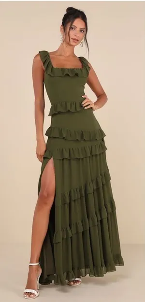 Lulus Compelling Romantic Olive Green Ruffled Tiered Maxi Dress thumbnail 1