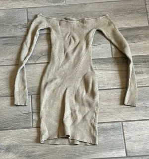 NBD Tan Ribbed Off-Shoulder Mini Dress thumbnail 1