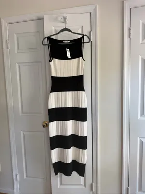Abercrombie & Fitch Black Cream Striped Ribbed Knit Maxi Dress M NWT thumbnail 5