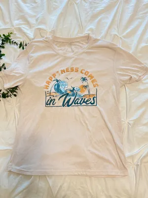 "Happiness Comes in Waves" Graphic T-Shirt - Neutral Aesthetic - Size Small thumbnail 2