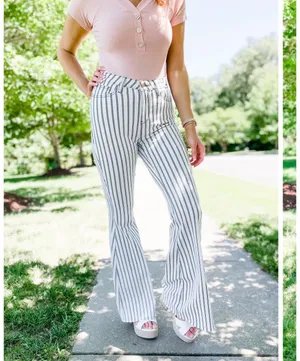 Judy Blue high-waist white blue pinstripe super flare jeans raw hem size 30. thumbnail 2