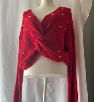No Boundaries Red Off-the-Shoulder Sweater with Pearl Details thumbnail 8
