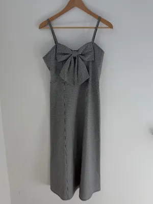 Japanese Gingham Bow Front Midi Dress Black White Size M thumbnail 2