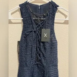 NWT Revolve brand X by NBD Metallic Navy‎ Blue Lace High Neck Dress thumbnail 3