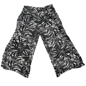 Womens M Black White Tropical Print Wide Leg Palazzo Pants Pull On Beach Resort thumbnail 2
