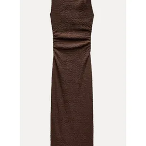 Zara Expresso Brown Textured Knot Ruched Side Maxi Dress LARGE Modest‎ Preppy thumbnail 4