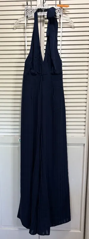 Lulus Navy Blue Halter Wide Leg Pant Jumpsuit Size Large Lined Zip Back‎ Chiffon thumbnail 1