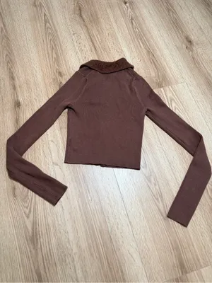 American Eagle Womens Brown Ribbed Zip Up Sweater Fuzzy Collar Cardigan XS thumbnail 2