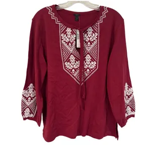 J. Crew Embroidered Tie‎ Neck Long Sleeve Top Women's Small Burgundy Boho Hippie thumbnail 2
