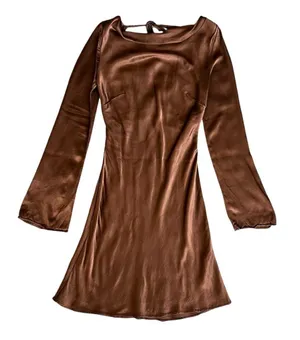 By Anthropologie Women’s Long Bell Sleeve Cowl Neck Satin Brown Mini Dress XS thumbnail 10