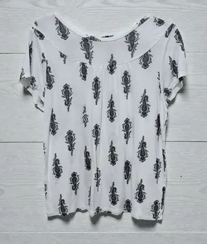 LOFT Short Sleeve Top with Green Paisley on White thumbnail 1