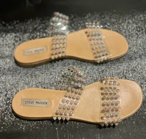 Womens sz10 Steve Madden Blizie Clear Iridescent Spike Stud Flat Slide Sandals thumbnail 1