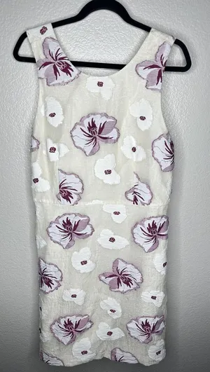 Ann Taylor Dress Womens 14 Ivory Purple Floral Jacquard Sleeveless Sheath Lined thumbnail 1