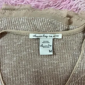 American Rag Ribbed Knit Button Front Dress Womens M Tan Boho Fit Flare Raw Hem thumbnail 4