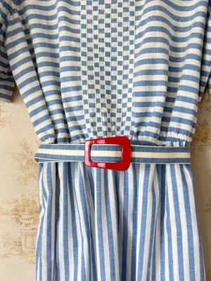 Vintage 80s Leslie Fay Blue White Striped Nautical Retro Belted Midi Dress thumbnail 8