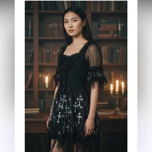 Gothic Black torn shredded look Dress with White Cross Pattern Size L thumbnail 3