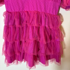 Lulus Dramatic Poise Magenta Pink Dot Tulle Puff Sleeve Tiered Mini Dress Size L thumbnail 5