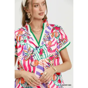 Umgee Tropical Print Collared Shift Dress - Berry Mix - Small thumbnail 5