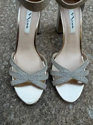 Nina New York Gold Shimmer Rhinestone Strappy Ankle Strap Block Heel Sandals thumbnail 4