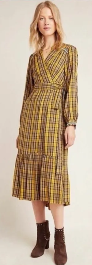 Anthropologie Yellow Plaid Dalton Wrap Midi Dress thumbnail 1