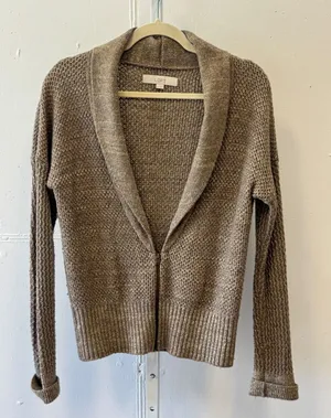 LOFT Bronze Metallic Shawl Collar Zip Up Cardigan Sweater Medium Knit Wool Blend thumbnail 1