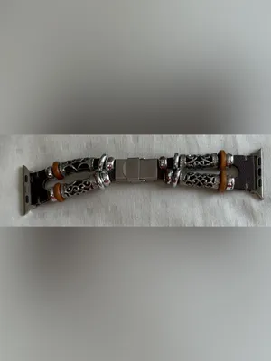 Stainless Steel Brown Leather and Silver Beaded Apple Watch Band Strap thumbnail 2