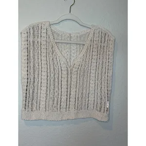 Ivory Crochet Floral Open Knit Crop Top Medium Boho Artisan thumbnail 3