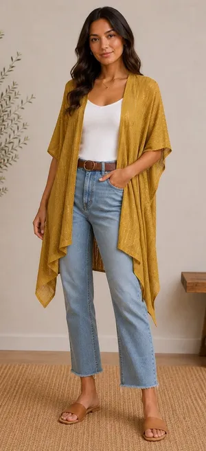 Free People Bohemian Sequin Day Dream Kimono Layering Gold Open‎ Front Wrap OS thumbnail 1