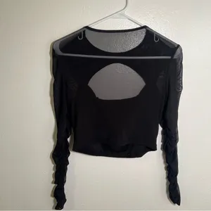 Women's Ruched Cut Out Top Blouse Long Sleeve Black Cropped Sheer Mesh thumbnail 5