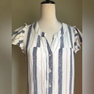 Cynthia Rowley Blue cream Striped Mini Dress linen‎ coastal boho cottagecore med thumbnail 2
