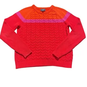VTG Lands’ End Drifter Cotton Sweater L Red Orange Pink Colorblock Cable Knit thumbnail 2