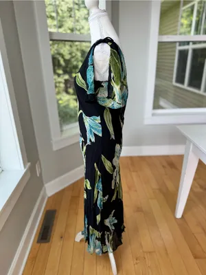 Vintage 90’s Dressbarn Black Blue Floral Beaded V Neck Bias Cut Slip Dress Sz M thumbnail 3