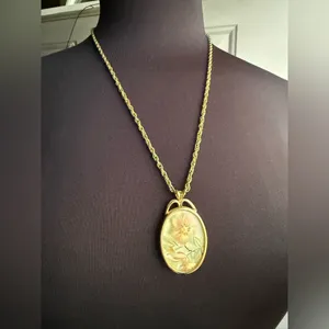 Vintage floral round cameo long gold chain necklace thumbnail 5