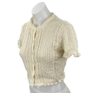 Zara Women's Cream Cable Knit Short Sleeve Button Down Sweater Crop Top Size M thumbnail 3