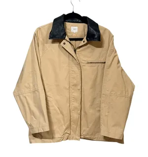 NIA Tan Cotton Canvas Barn Jacket Faux Leather Collar Zip Front NJ-2023-1 Small thumbnail 1