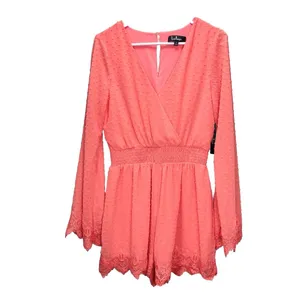 NWT Lulus Meadowlake Coral‎ Orange Swiss Dot Lace Bell Sleeve Romper Size SMALL thumbnail 5