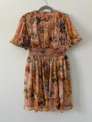 Anthropologie Not So Serious Amaranth Puff Sleeve Floral Tiered Boho Mini Dress thumbnail 1