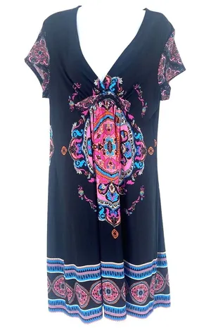 Snap Y2K Babydoll Dress Sz L Medallion Boho Festival Hippie Retro Stretchy Artsy thumbnail 1