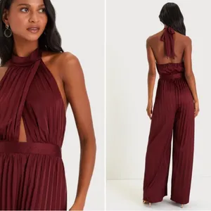 COPY - LULU's Sexy Elegant Chic Minimalistic Wedding Pleated Satin Wide Leg Jum… thumbnail 3