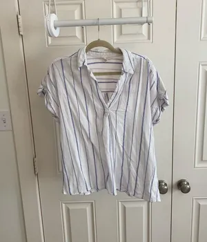 Studio West Blue & White Striped Short Sleeve Button-Up Shirt thumbnail 1