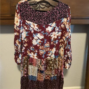 Umgee Red Casual Dress with 3/4 Bishop Sleeves and Scoop Neck thumbnail 3