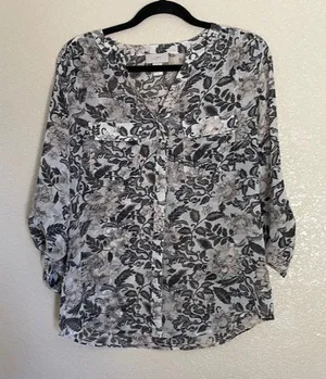 LOFT Pink and Black Floral Print tie up Sleeve Top/Blouse Medium thumbnail 1