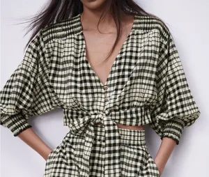 Zara Womens XS Gingham Top Cropped Plaid Flannel Black White Puff Sleeve‎ thumbnail 1