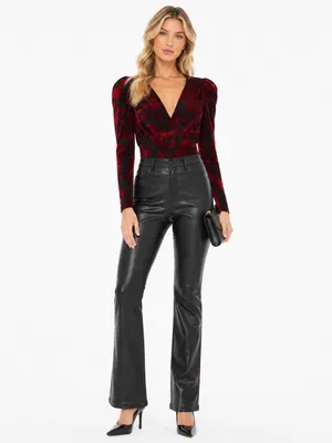 Dear John Red Black Velvet Floral Puff Sleeve Bodysuit Size M thumbnail 2
