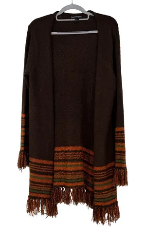 Babette Ballinger Brown Striped Fringe Open Front Cardigan Sweater Womens Large‎ thumbnail 1