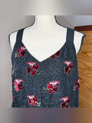 Loft Velvet Floral Swiss Dot Wide Strap V-Neck Tank Top Medium M Black Red Blue thumbnail 3