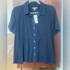 STYLE & CO Navy Blue Pintucked Crochet Top - Coastal Grandmother NWT thumbnail 2